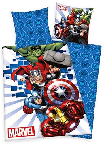 Marvel The Avengers Bettwäsche, 2 Stück, 80x80 + 135x200cm 100% Baumwolle mit Reißverschluss