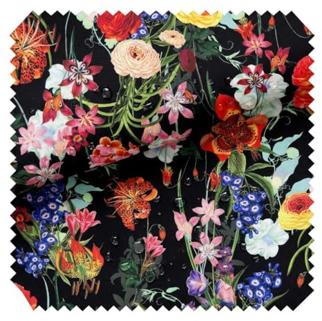novely® OXFORD 210D - D170 Bunte Blumen Auf Schwarz - Bedruckter Polsterstoff - Outdoor Dekostoff - Wasserabweisende Reißfeste Meterware 1lfm