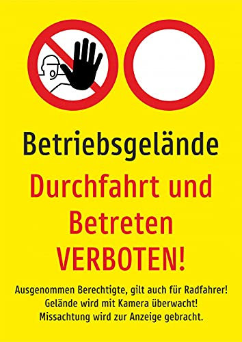 Schild: Betriebsgelände - Durchfahrt für alle und Betreten verboten gelb - A3, 297x420mm | Aluverbundplatte