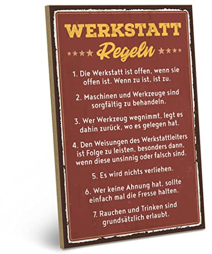 ARTFAVES® Wandbild Holzschild mit Spruch - Werkstattregeln - Türschild Retro Vintage Deko Bild Geschenk - Handwerker, Heimwerker, witzige Sprüche, Vatertag