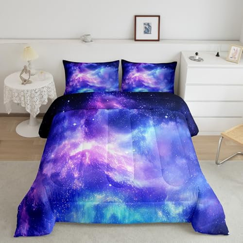 Galaxy Comforter Set Starry Sky Down Alternative,Blue Purple Outer Space Constellation Down Comforter,Room Decor Quilted Duvet with 1 Pillowcase for Kids Child Teens Teenager Adult Girls,Twin Size