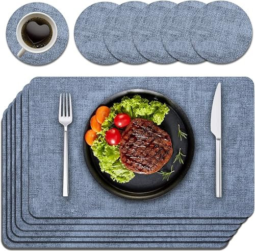 Purejoy Placemats and Coaster Sets 6, Christmas Table Mats PU Leather, Heat-Resistant Washable and Non-Slip 43 * 30 cm, Dinner Table Mats Set of 6, for Kitchen Table and New Years (Sky Blue)