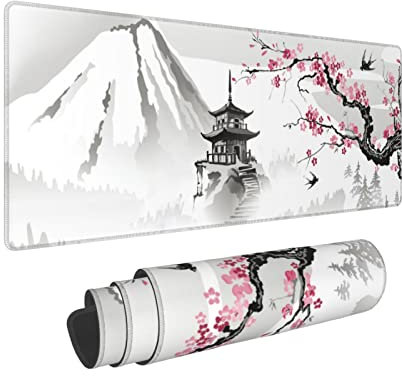 Japanese Cherry Blossom White XXL Large Gaming Laptop Mouse Pad, Big Desk Pads Pc Keyboard Waterproof and Non-Slip 31.5 X 12 inch 3mm Thick Rubber Table Mat, Stitched Edges Desk Pad