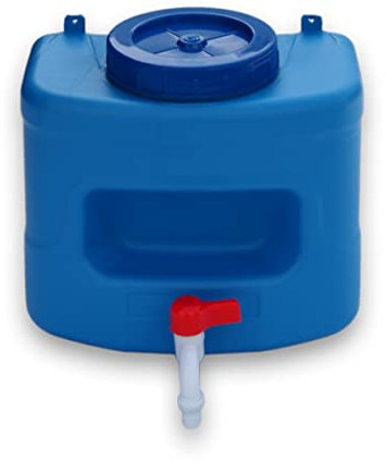 Varile Dispensador de agua de 10 litros con jabonera para camping, garaje y exteriores, resistente a la intemperie, resistente a los rayos UV con posibilidades de suspensión