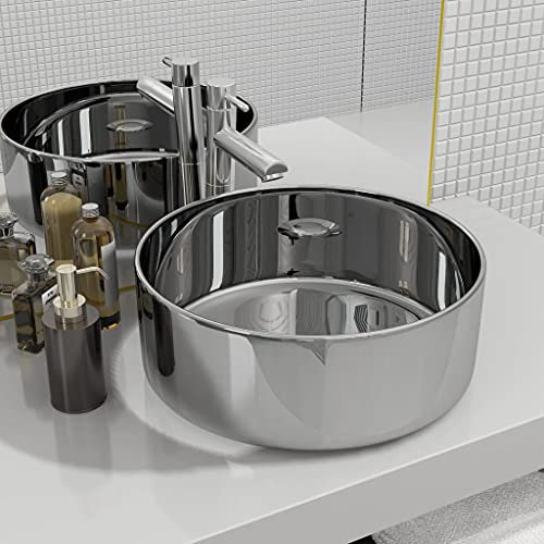 MOONAIRY Waschbecken, Aufsatzwaschbecken, Bathroom Sink, Waschtisch, Aufsatzbecken, Ablaufgarnitur, 40 x 15 cm Keramik Silbern