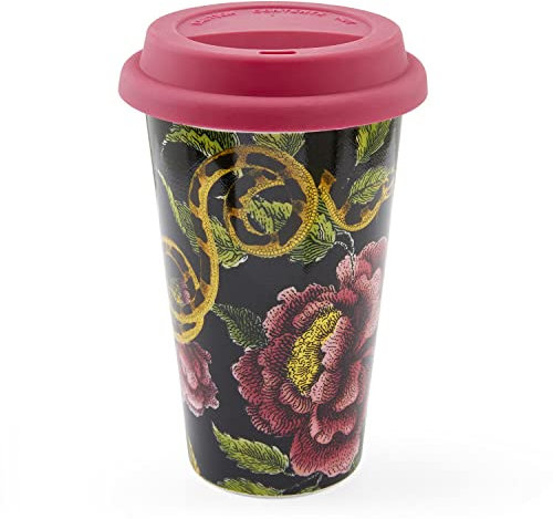 Spode Creatures of Curiosity Collection Travel Mug with Lid, Tumbler for Coffee and Tea, Water Cup, 10-Ounce, Dark Floral Motif, Dishwasher and Microwave Safe