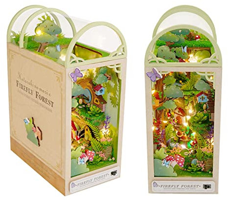 Cuteefun DIY Book Nook Modèle Kit, Insert d'étagère à Livres, Puzzle en Bois 3D, Maison de poupées Miniatures avec Meubles, Maquette a Construire (Forêt de Lucioles)