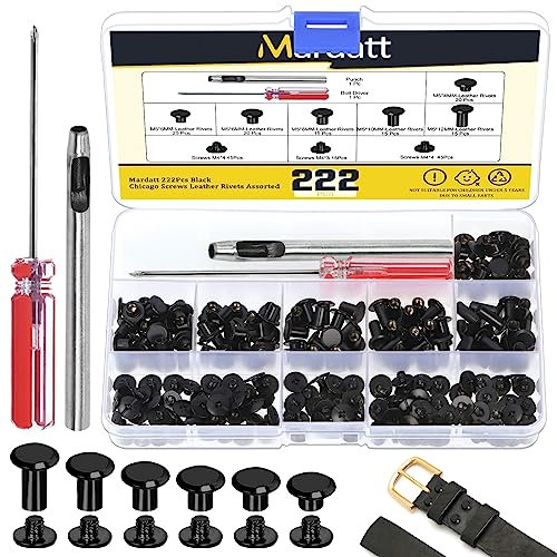Mardatt 222Pcs Chicago Screws Assorted Kit with Setting Tools, M5 X 4/5/6/8/10/12MM Screw Rivets Metal Slotted Screw Studs Leather Rivets for DIY Leather Craft Decoration(Black)