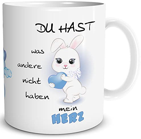 TRIOSK Tasse Hase mit Spruch Du hast was andere nicht haben Mein Herz Geschenk lustig für Ostern Valentinstag Sie Ihn Verliebte Männer Frauen Blau, Keramik 300ml