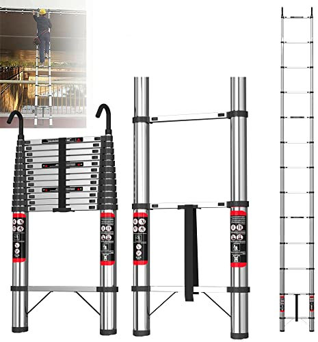 Scala telescopica 5 m con gancio, scala estensibile in acciaio inox, scala antiscivolo, scala design telescopico, scala pieghevole multifunzione 12 pioli, portata massima: 150 kg