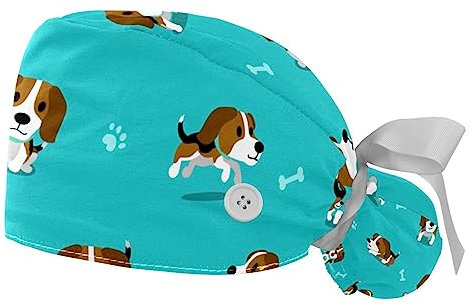 2-teilige OP-Haube für Damen, Krankenschwestermütze, Krankenschwestermütze, Cartoon-Hund Beagle