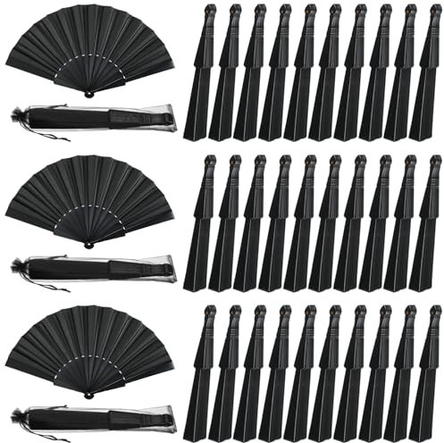 Wenqik 80 Pcs Wedding Folding Hand Fans Bulk Silk Fabric Chinese Handheld Foldable Clack Fans with Plastic Ribs for Party, Wedding Gifts, Line Dancing, Home Decorative (Black)