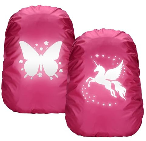 Byhsoep Regenüberzug Schulranzen Einhorn Dino Schmetterlinge Rucksack Regenschutz wasserdichte Regenhülle für Rucksack Überzug Reflektierend für Jungen Mädchen Schulanfänger (Rosenrot)