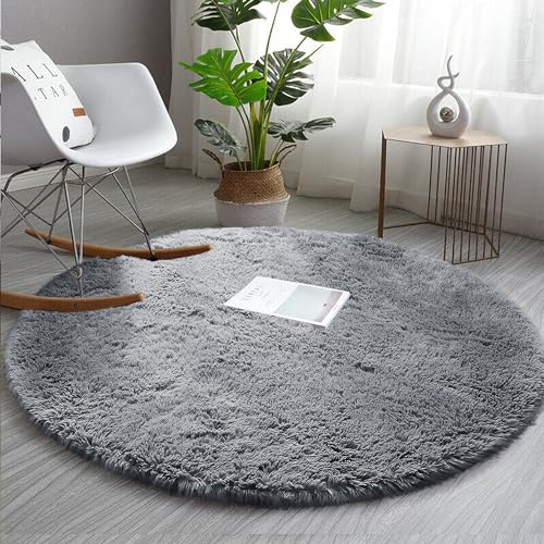 AMEHA Round Rugs Living Room – Grey Area Rugs for Bedroom 120x120 cm Anti Slip – Modern Super Soft Thick Pile Fluffy Shaggy Rug – Plush Carpet Non Shedding Easy to Clean