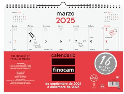 Finocam - Neutraler Wandkalender 16 Monate 2024 2025 Monatsansicht September 2024 - Dezember 2025 (16 Monate) Neutral Spanisch