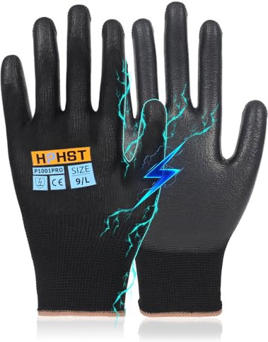 HPHST P1001 ESD-PU Handschuhe - antistatisch und Touchscreen-fähig, Handschuhe für Reinigung und Reparatur (Schwarz (12 Paar), L)