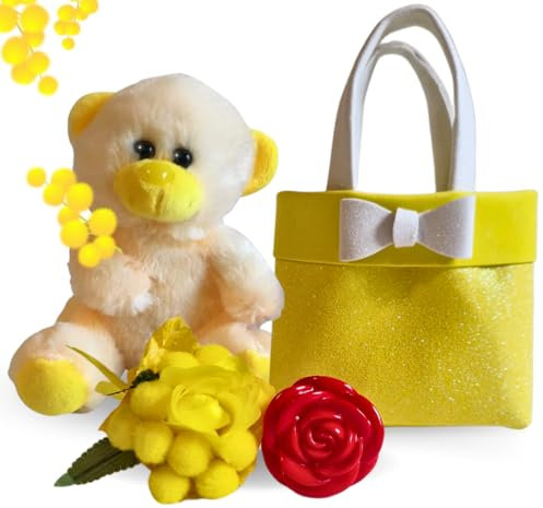 NARAMAKI® Idea Regalo Festa della Mamma 2025 - Borsetta Gialla + Bouquet Mimosa + Orsacchiotto + Rosa Rossa -Regalo Donna-Amica (Orsacchiotto)