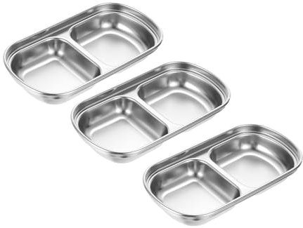 sourcing map Paquete de 3 cuencos de acero inoxidable con 2 compartimentos divididos, plato de condimento de metal, plato de salsa, para el hogar, cocina, barbacoa, restaurante, color plateado