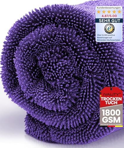 Ivality® Auto Trockentuch XXL 80x50 cm – 1800 GSM Ultra Saugstarke Mikrofasertücher für Autopflege und Motorrad, Fusselfreies, Lack-schonendes Twisted Towel Microfasertücher - Lila