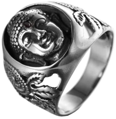 OAKKY Unisex Vintage Herrisch Tibetisch Buddhist Roter Edelstein Sakyamuni Buddha Kopf Biker Ring Edelstahl Hip Hop Stil Silber Größe 70 (22.3)