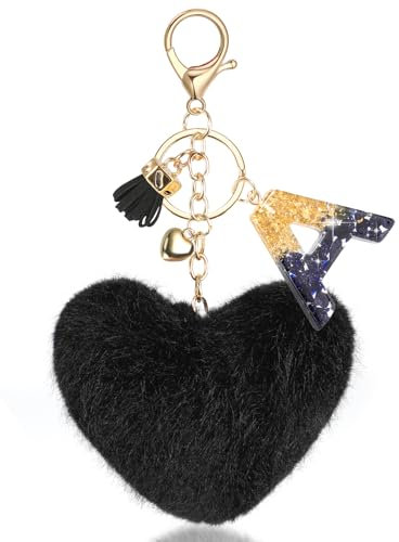 MWOOT Cœur Pom pom Porte-clés, Peluche Porte-clés pour Femmes Sac à Dos Bourse Clef de voiture Sac, avec Résine Nom lettre A Noir