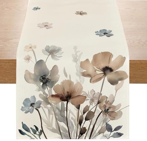 Avoik Mode Blumen Tischläufer Sommer Mohnblumen Herbst Tischläufer Frühling Küche Esstisch Dekoration für Drinnen Draußen Urlaub Party Wohnzimmer Dekor 33 x 180 cm, Braun