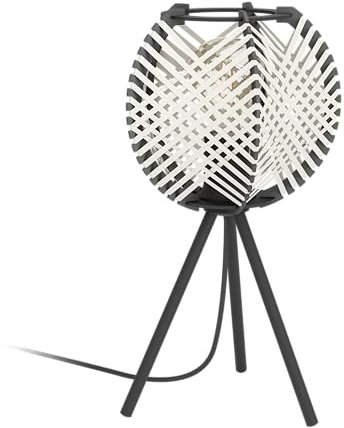 EGLO Tischlampe Waverton, Stativ Nachttischlampe, Dreibein Tischleuchte aus Metall und Holz in Schwarz, Textil in Weiß, Deko-Lampe mit E27 Fassung