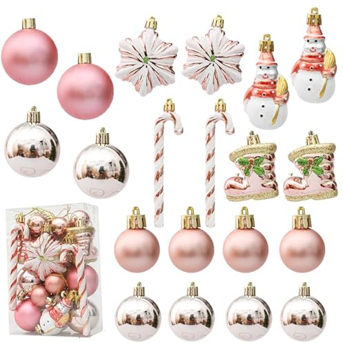 HERZONE 20pcs weihnachtsanhänger Weihnachtsbaumschmuck weihnachtskugeln, zuckerstangen,Sterne,schneemann und Weihnachtsstiefel für Weihnachtsbaum (B-rosa Gold)