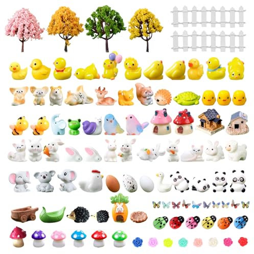 100 Stück Feengarten Zubehör Deko Miniatur Garten Modellbau Bäume Waldtiere Figuren Mini Enten Dekoration Puppenhaus DIY Fischtank Tierfiguren