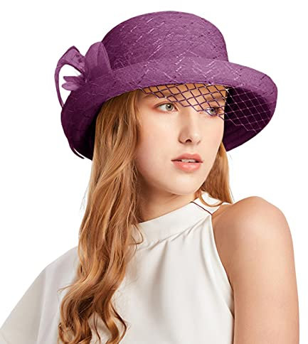 Wedding Hats Fascinators Hats for Weddings Blue Spring Summer Mesh Sunshade Hat Flower Temperament Wedding Dress Hat Sun Dome Large Brim Hat Fashion Hat Feather Hats for Women Rain (Purple, One Size)