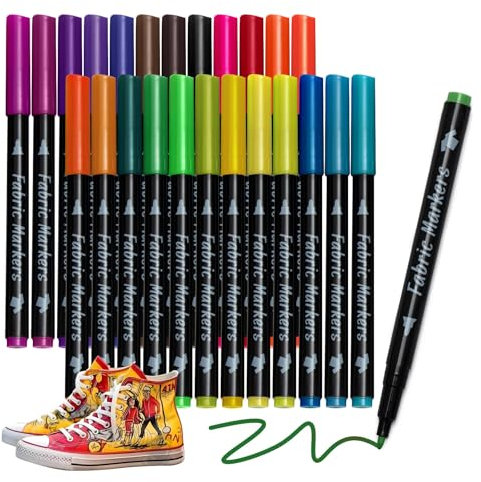 Bedeco Stoffmalstifte Waschfest, 24 Textilstifte Waschmaschinenfest Permanent Stofffarben Wasserfest Textilmarker Stoffstifte für DIY-Kostüme T-Shirts | Textilfarbe für Kinder und Erwachsen