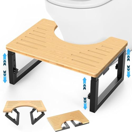 Caossuixin Klappbar Toilettenhocker Erwachsene, Metall mit Holz-Toilettenhocker, Höhenverstellbarer Klohocker aus Bambus, WC Hocker Erwachsene, Tritthocker, Anti-Rutsch Klohocker für Kinder-Protokoll