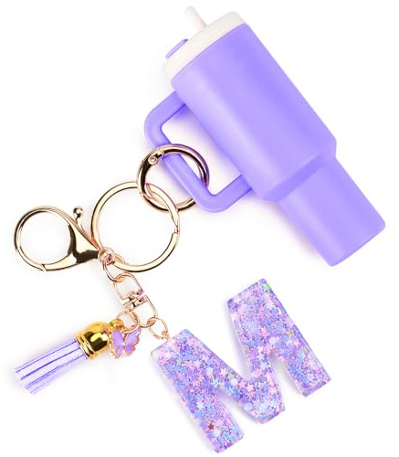 AnsFind Mini Tumbler Keychain Chapstick Holder, Letter Charm Accessories for Stanley Cup with Handle, Purple, 2PCS-A