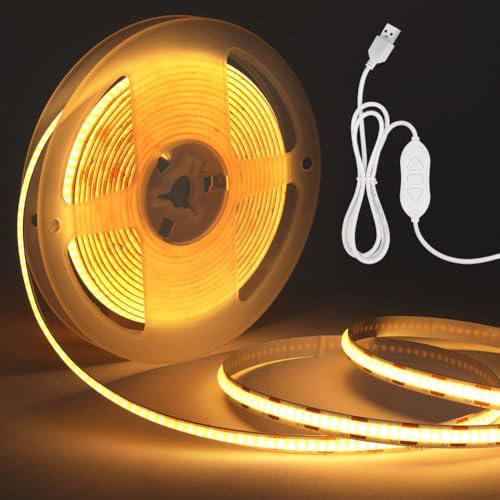 HOTUT Tira LED, 4M Tira de LED COB USB 5V, Blanco Cálido 3000K, Tira Luz LED Regulable con Interruptor, LED Neon Flexible con Cable de Alimentación, Tira de LED Cocina Lights para Decoración Fiesta