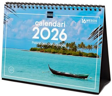 Finocam - Calendrier de bureau 2026 mois vue janvier - décembre 2026 + sept. - Déc. 2025 (4 mois) réduits | Calendrier 2026 | Images paysages paradisiaques - Catalan