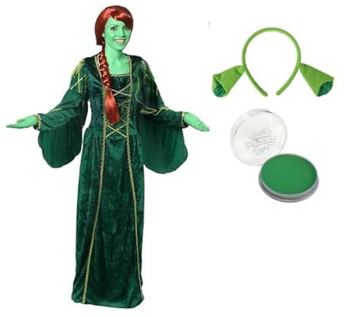 Prinzessin Oger Kostüm für Erwachsene - Grünes Prinzessinnenkleid mit Ogerohren, Zopfperücke & grüner Gesichtsfarbe - Perfekt für Märchen, Film & Halloween Spaß