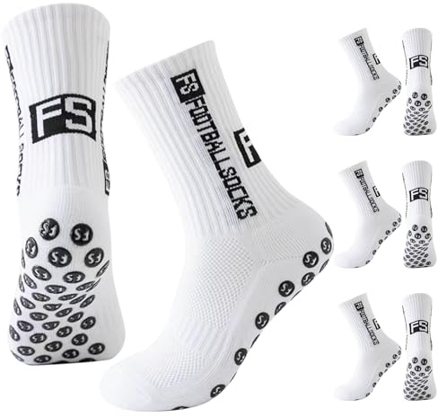 FANSEZQ 3 Paires de Chaussettes de Football Antidérapantes | Sportives & Confortables pour Hommes et Femmes | Taille 39-46 | Pour Basketball, Trekking, Handball (Blanc)