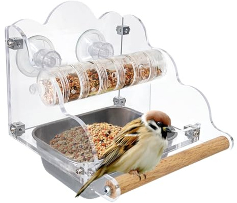 Für Wellensittiche – Spritzwassergeschützter Spender mit Posenständer | lustiger drehbarer Behälter für Vogelfutter, für Nymphensittiche, Wellensittiche, Haus, Balkon, Garten