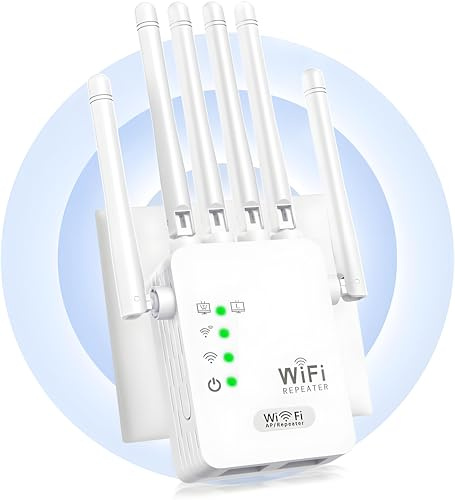 Potente amplificatore WiFi interno/esterno con 6 antenne | Copertura 1200m², Ripetitore WiFi/AP Modalità doppia, 2 porte LAN, installazione rapida per casa e ufficio
