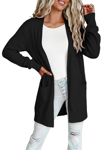 ONLYSHE Lightweight Black Cardigan Sweater for Women Long Sleeve Open Front Shrug with Functional Pockets