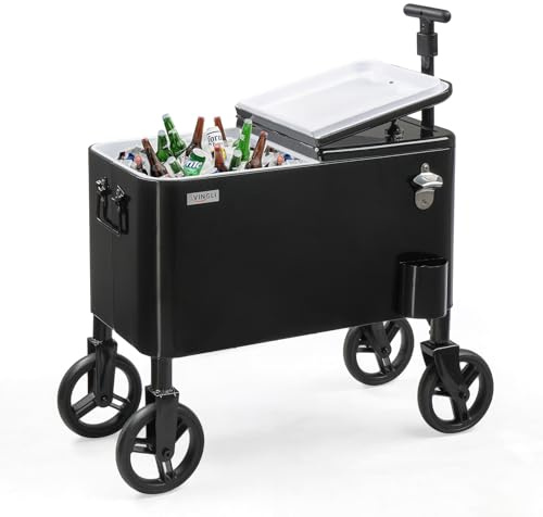 Bonnlo 57L Servierwagen mit Rollen, Getränkekühler – Mobiler Outdoor-Kühlwagen mit langem Griff, Ablage & Ablauf, Kühlbox für Strand, Garten, Terrasse & Partys, 69 x 34,5 x 82 cm, Schwarz