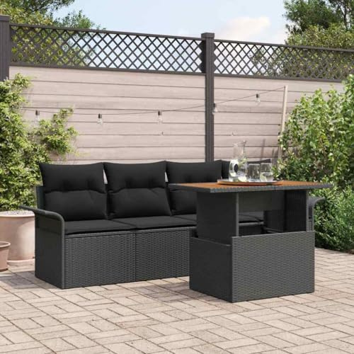 QUAHEAS Gartensofa-Set 5-teilig Schwarz aus Poly-Rattan, Modulares Loungesofa mit Kissen, Höhenverstellbarer Tisch für Terrasse, Garten und Balkon