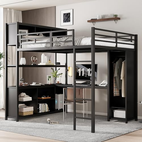 Dnxao Metall Hochbett 140x200 cm Eisenbett, Doppelstöckiger Stauraum unter dem Schreibtisch, Oberes Bett mit Stauraum, Mit Kleiderschrank, Platzsparend Stockbett Kinderhochbett Jugendhochbett, Schwarz