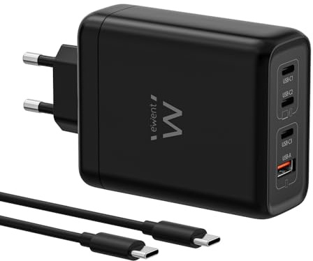 Ewent USB-C Ladegerät 140W, GaN Fast Schnellladegerät mit 4 USB-Anschlüssen (3X USB-C PD 3.1 + 1x USB-A QC 3.0), für Notebook, MacBook, iPhone 17, iPad, Android mit 2 m USB-C 240W Kabel, Schwarz
