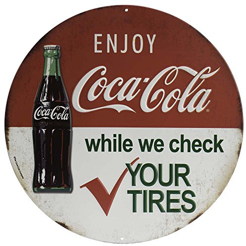 Coca-Cola-Metallschild mit Reifenkontrolle, rund, geprägt, Vintage-Schild für Garage oder Männerhöhle