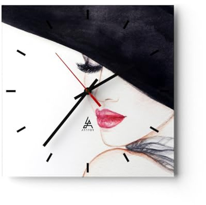 ARTTOR Moderne Wanduhr 40x40cm Quadrat Glasuhr Schwarz-Weiß Menschen - 2947 | Frau Mund Hut Glas Analog Wanduhr Lautlos Wanddekoration Wohnzimmer Büro Küche Wanddeko Küchenuhr Geräuschlos ARTTOR