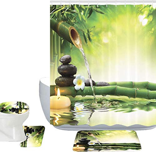 Bearbae Zen Garden Theme Decor View Japanese Design 4 Piece Bathroom Mat Set Shower Curtain Set Relaxation Bamboos Candles Bath Mat Contour Mat Toilet Cover Mildew Resist Shower Curtain and 12 Hooks