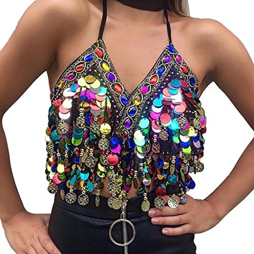 MUNAFIE Chiffon Bauchtanz BH Tops Pailletten Perlen Kostüme Musik Festival Oberteil Tanzbekleidung (Schwarz&Regenbogen, One Size) …