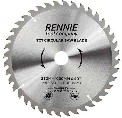 Rennie Tools - 250mm x 30mm x 40T TCT Circular Wood Saw Blade Includes 25mm 20mm & 16mm Bore Reduction Rings. Compatible with Bosch Makita Dewalt Circular Saw Etc. Fits 255mm Circular Saws