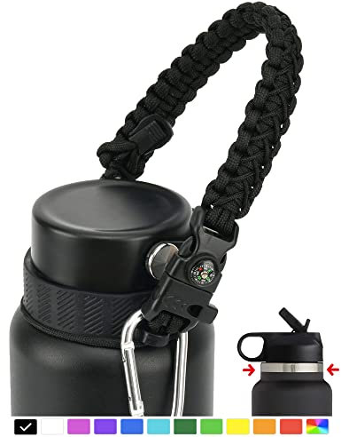 QeeCord Paracord Handle Compatible with Hydro Flask 2.0 Wide Mouth Water Bottle Carrier with New Ring and Carabiner, 12oz, 16oz,18oz, 32oz, 40oz, 64oz